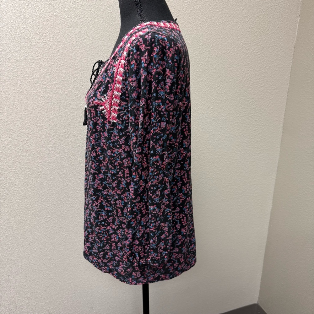 Lucky Brand Black Pink Floral Embroidered Boho Peasant Blouse Tassel Tie XL - Picture 4 of 8